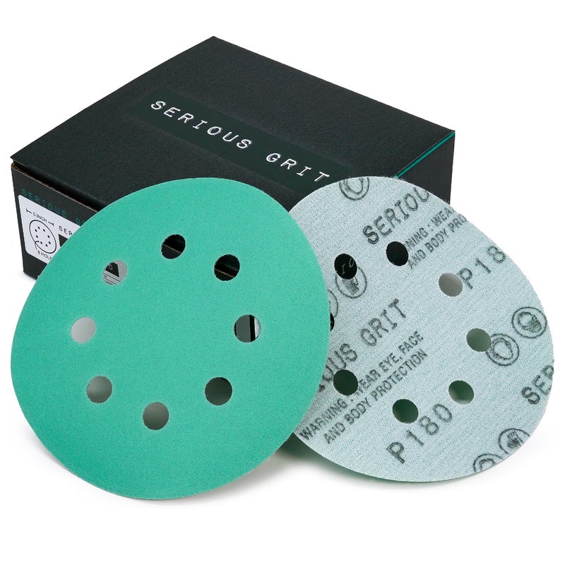 Serious Grit Sanding Discs 5 Inch 8 Hole 180 Grit - Heavy-Duty Hook & Loop Wet Dry Film Sandpaper Discs - Very Fine Sand Paper for Random Orbital Sanders - Wood, Automotive, Metal, etc - 50 Pack Box - Image 1
